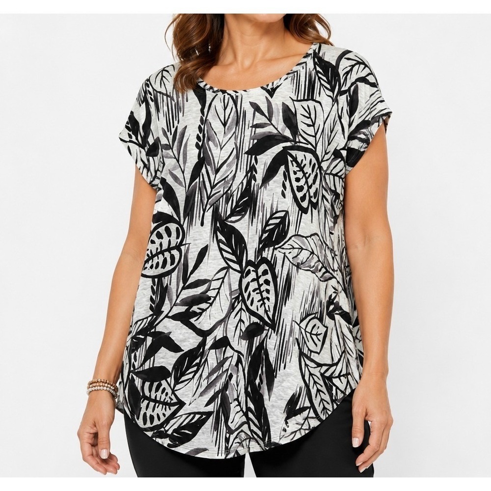 Tahari Women XL 100% Linen Tropical Leaf Print ScoopNeck Top Black White